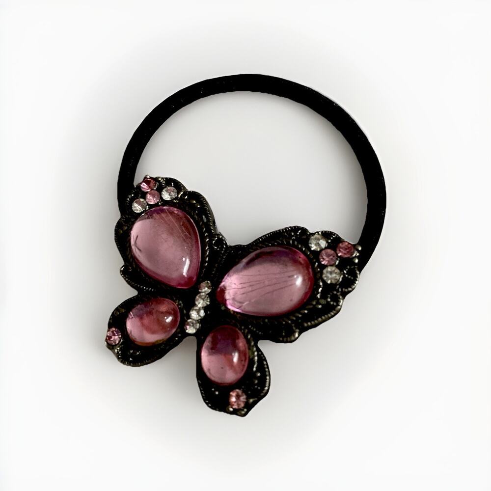 Pink Butterfly Ponytail Holder Jelly Clear Rhinestones Metal Hair Tie Elastic